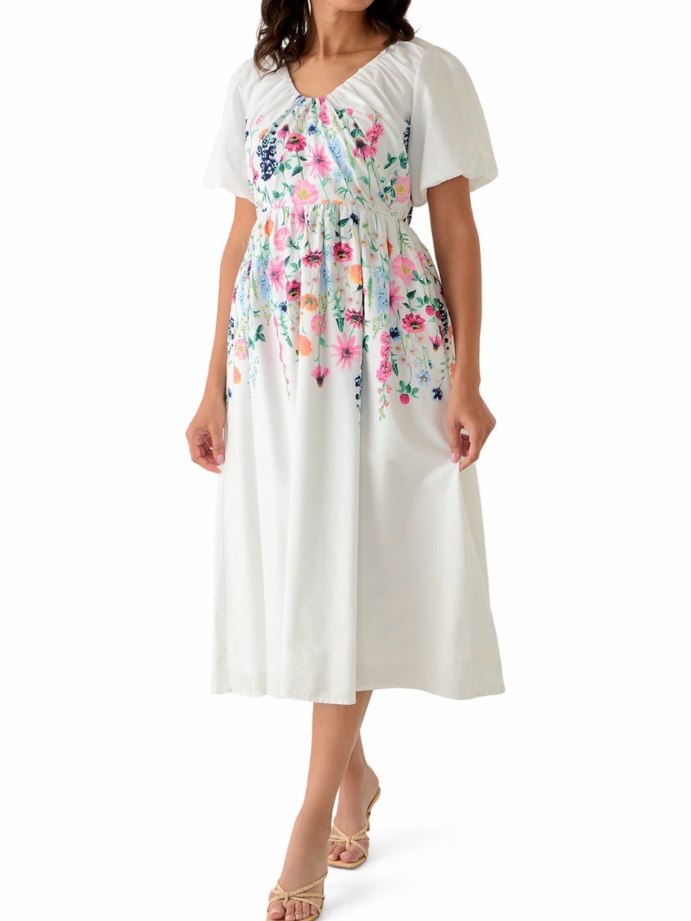 crown & ivy White Midi Dress with Pastel Floral Print
